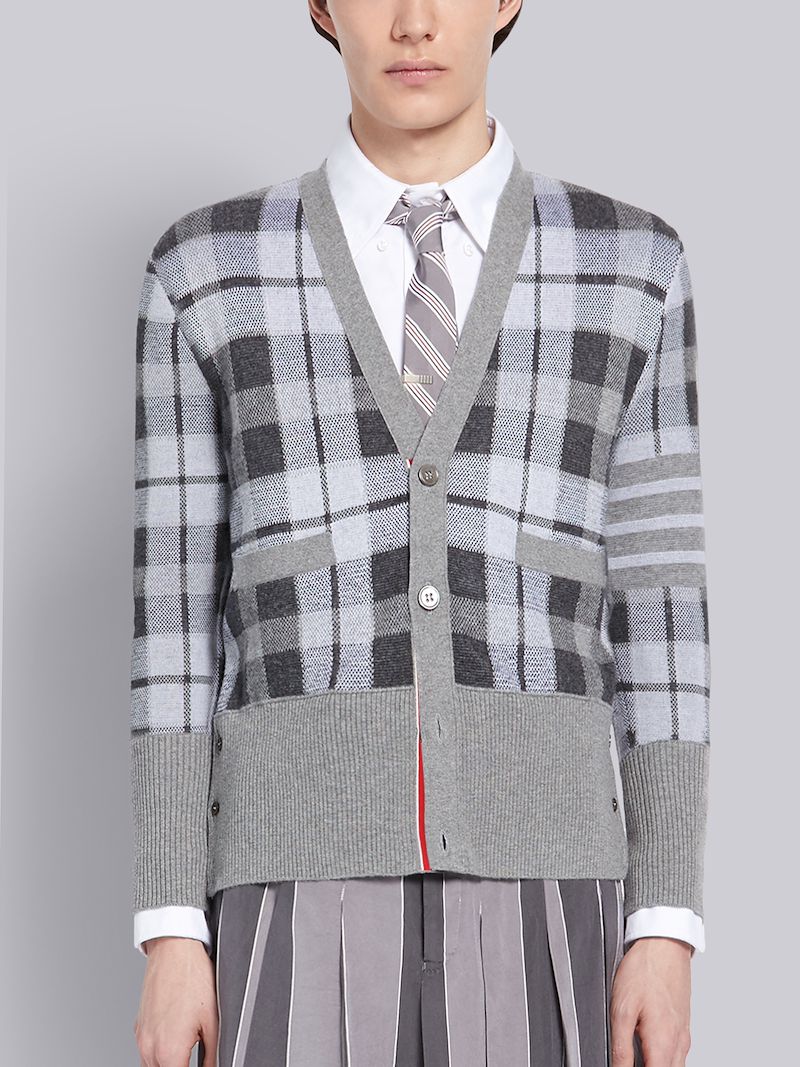 ミディアムグレー カシミア タータンチェックジャカード 4bar Vネックカーディガン がセール価格に Thom Browne オフィシャルセール