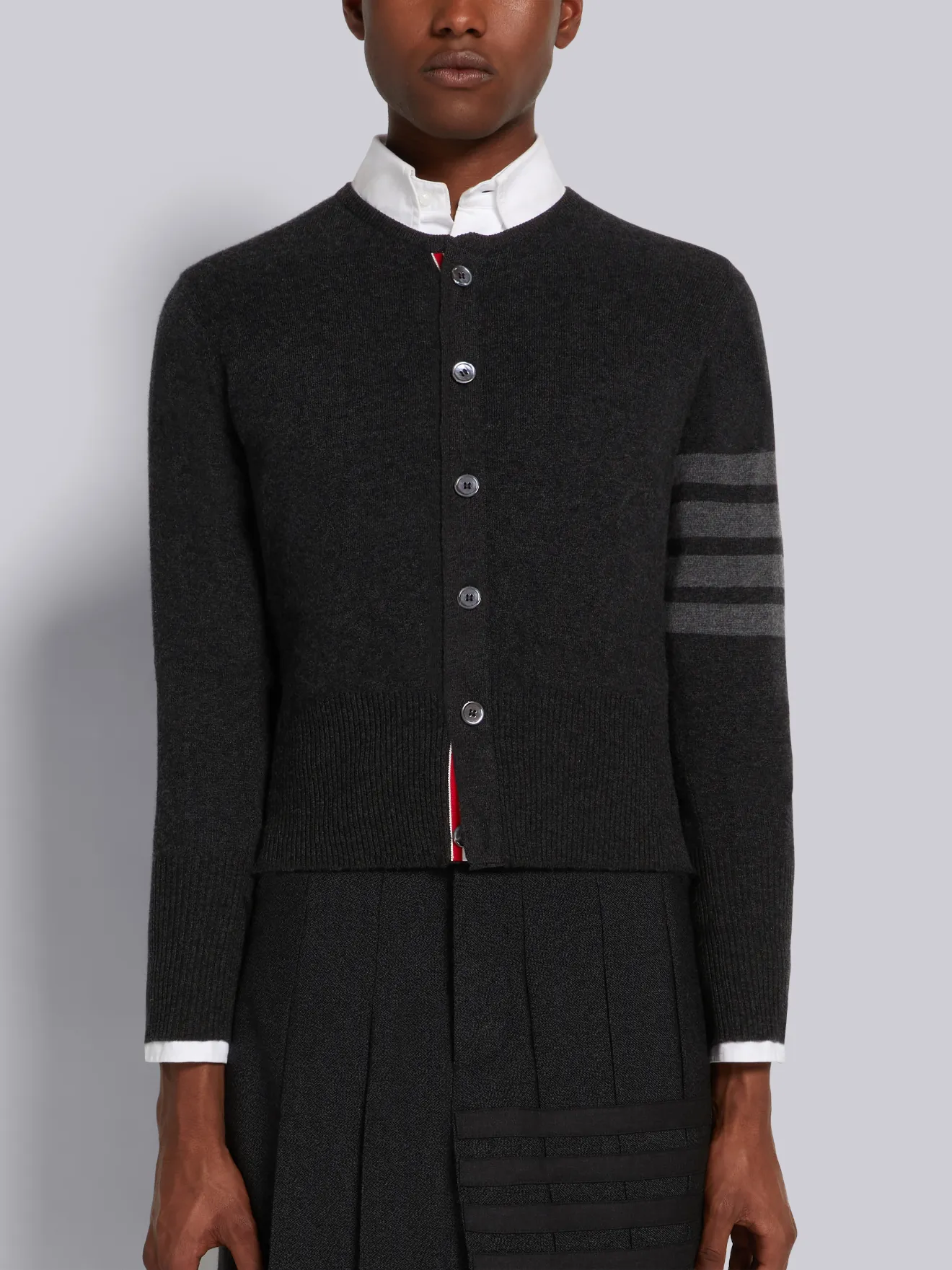 ダークグレー カシミア 4BAR クラシック クルーネック カーディガン  