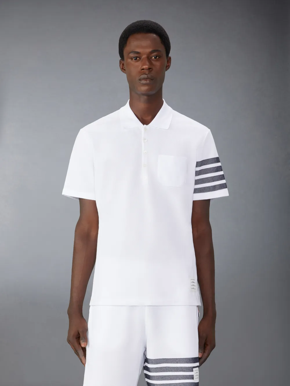 Short Sleeve Round Collar Polo W/ Textured 4 Bar In Silk