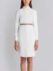 Above Knee A-Line Shirtdress With Side Tabs & Engineered Stripe In White Oxford