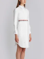 Above Knee A-Line Shirtdress With Side Tabs & Engineered Stripe In White Oxford
