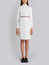 Above Knee A-Line Shirtdress With Side Tabs & Engineered Stripe In White Oxford