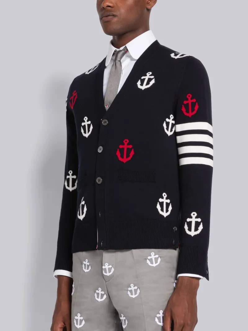 Anchor Intarsia 4-Bar V-Neck Cardigan | Thom Browne