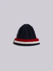 Aran Cable Hat With Red, White And Blue Hem Stripe In Navy Cashmere