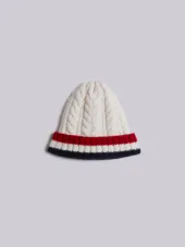 Aran Cable Hat With Red, White And Blue Hem Stripe In White Cashmere