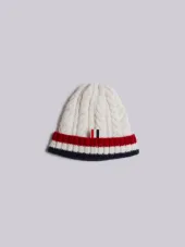Aran Cable Hat With Red, White And Blue Hem Stripe In White Cashmere