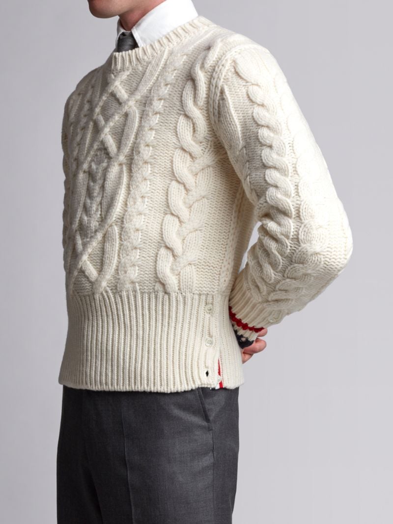 Aran Cable Knit crew neck Pullover In White Merino | Thom Browne Official
