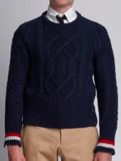 Aran Cable Knit Crewneck Pullover In Navy Merino