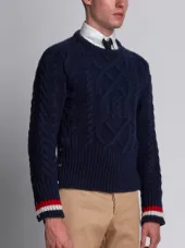 Aran Cable Knit Crewneck Pullover In Navy Merino