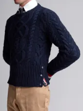 Aran Cable Knit Crewneck Pullover In Navy Merino