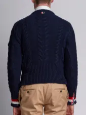 Aran Cable Knit Crewneck Pullover In Navy Merino