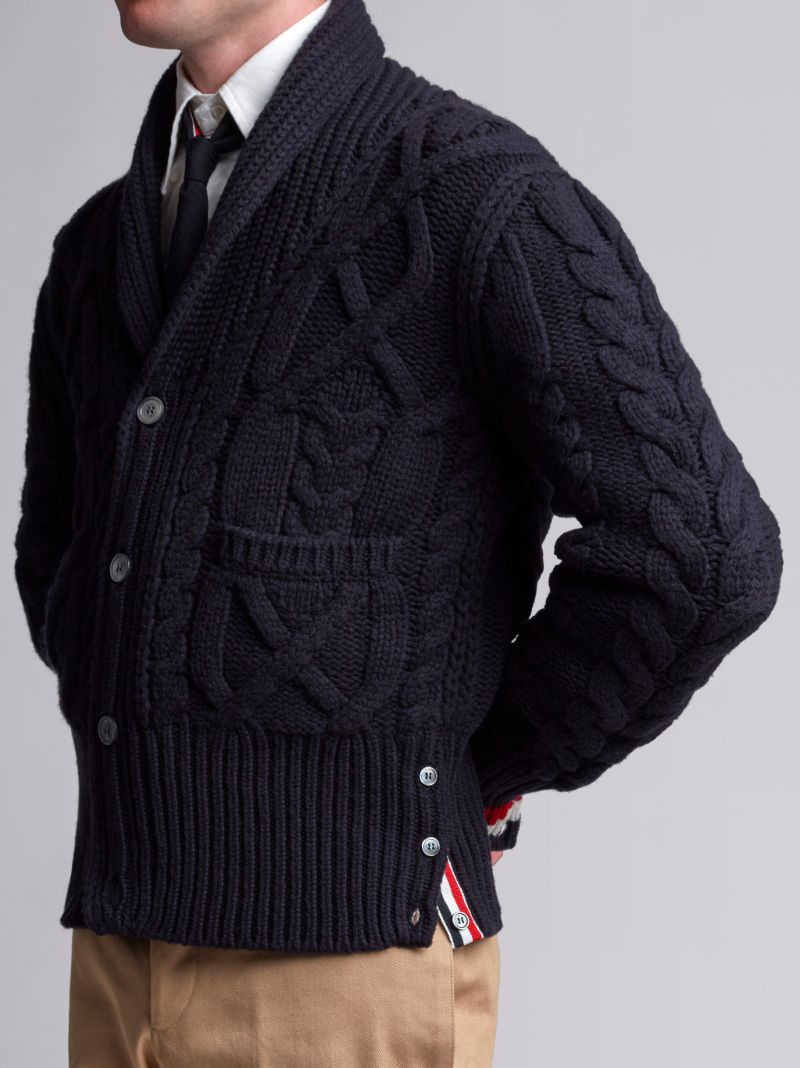 Aran Cable Knit Shawl Collar Cardigan In Navy Merino Wool