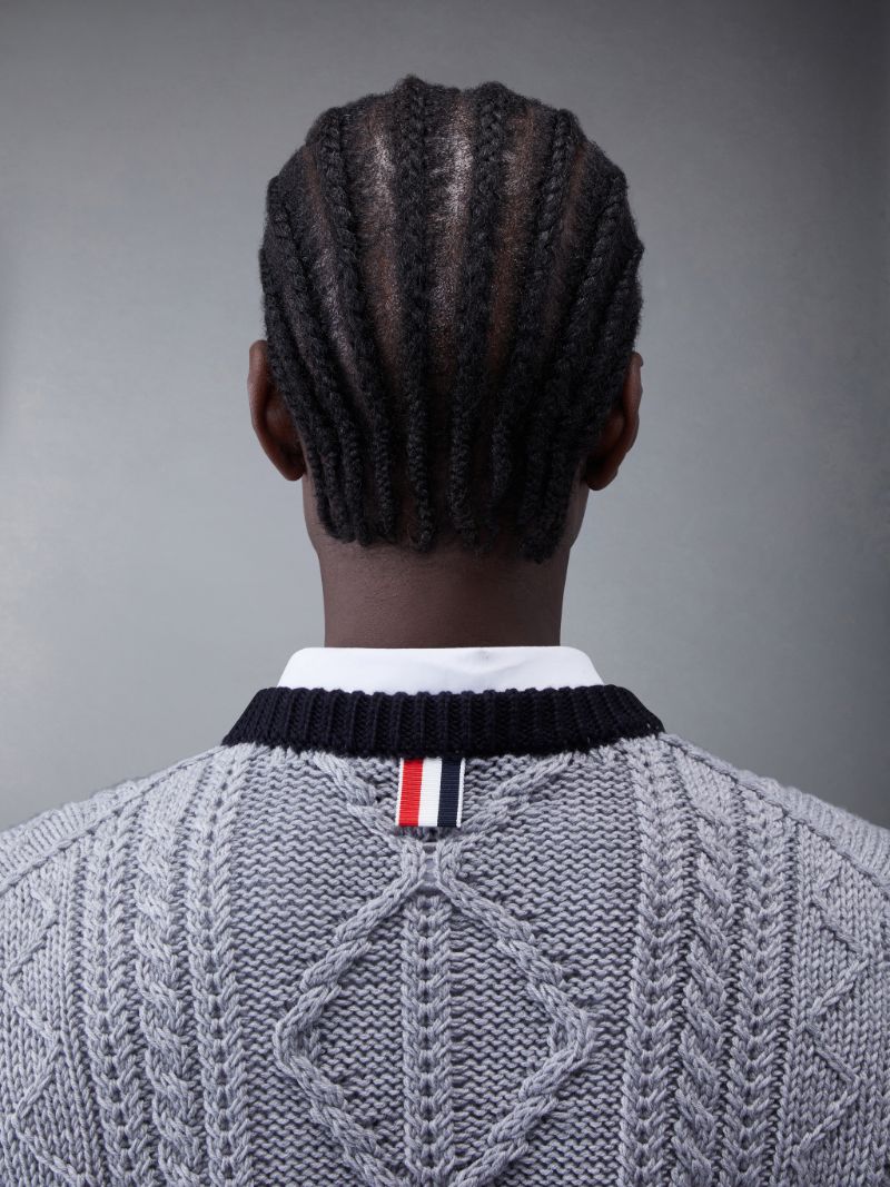 Aran Cable Merino 4-Bar Crew Neck Pullover | Thom Browne