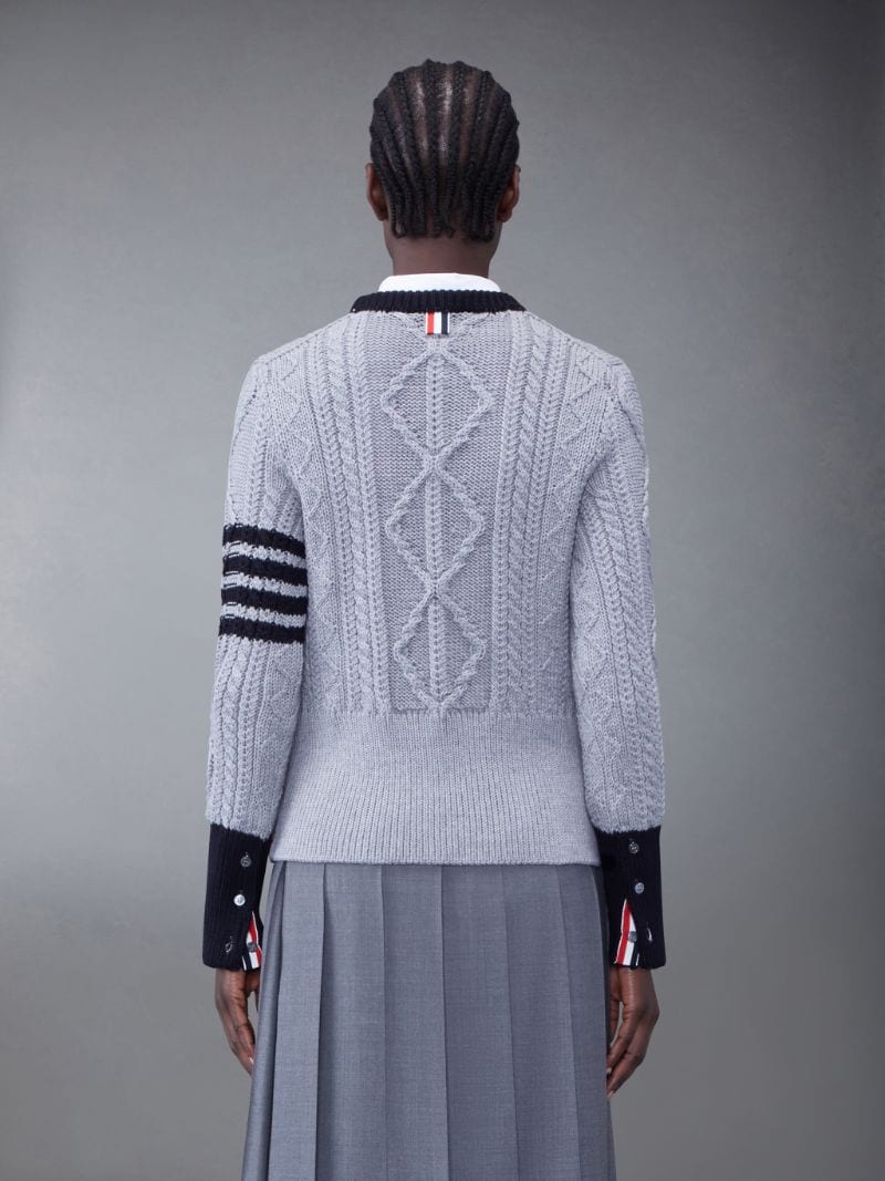 Aran Cable Merino 4-Bar Crew Neck Pullover | Thom Browne