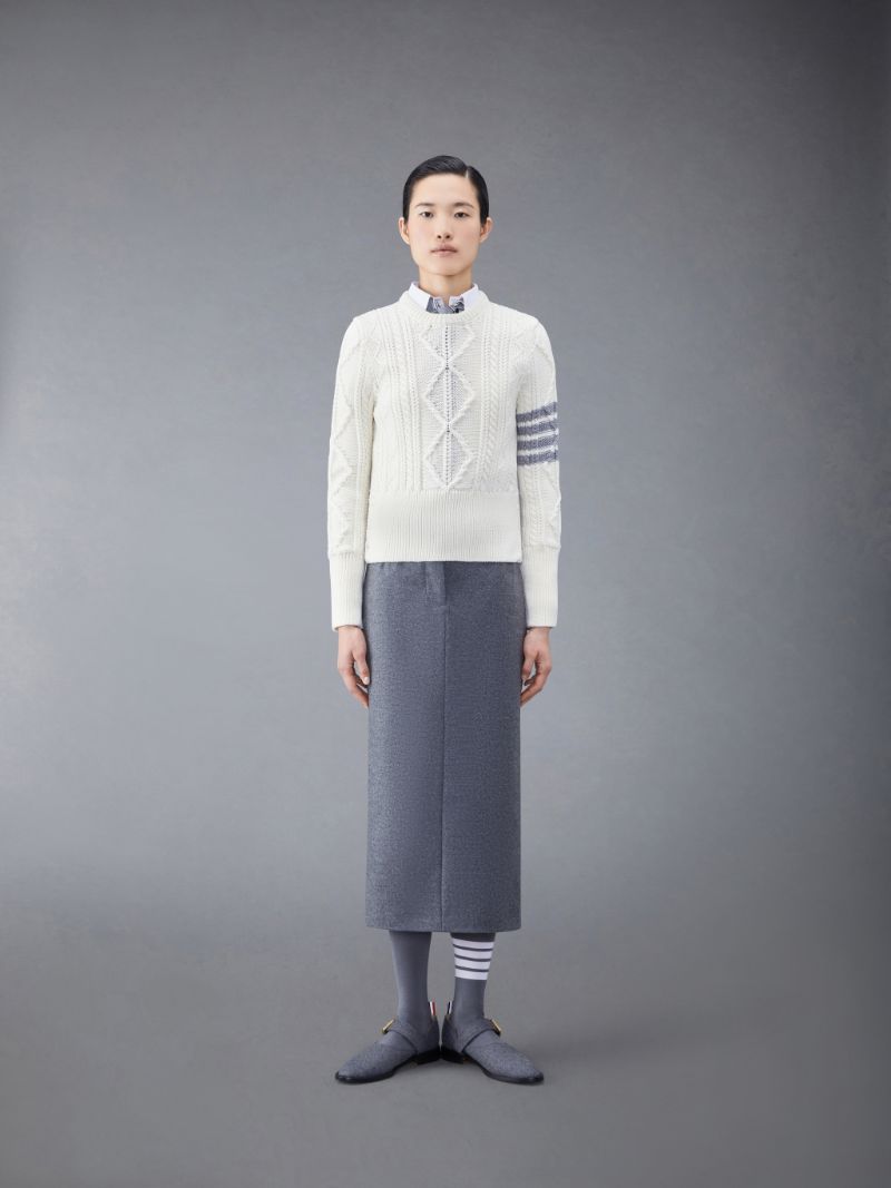 Aran Cable Merino 4-Bar Crew Neck Pullover | Thom Browne