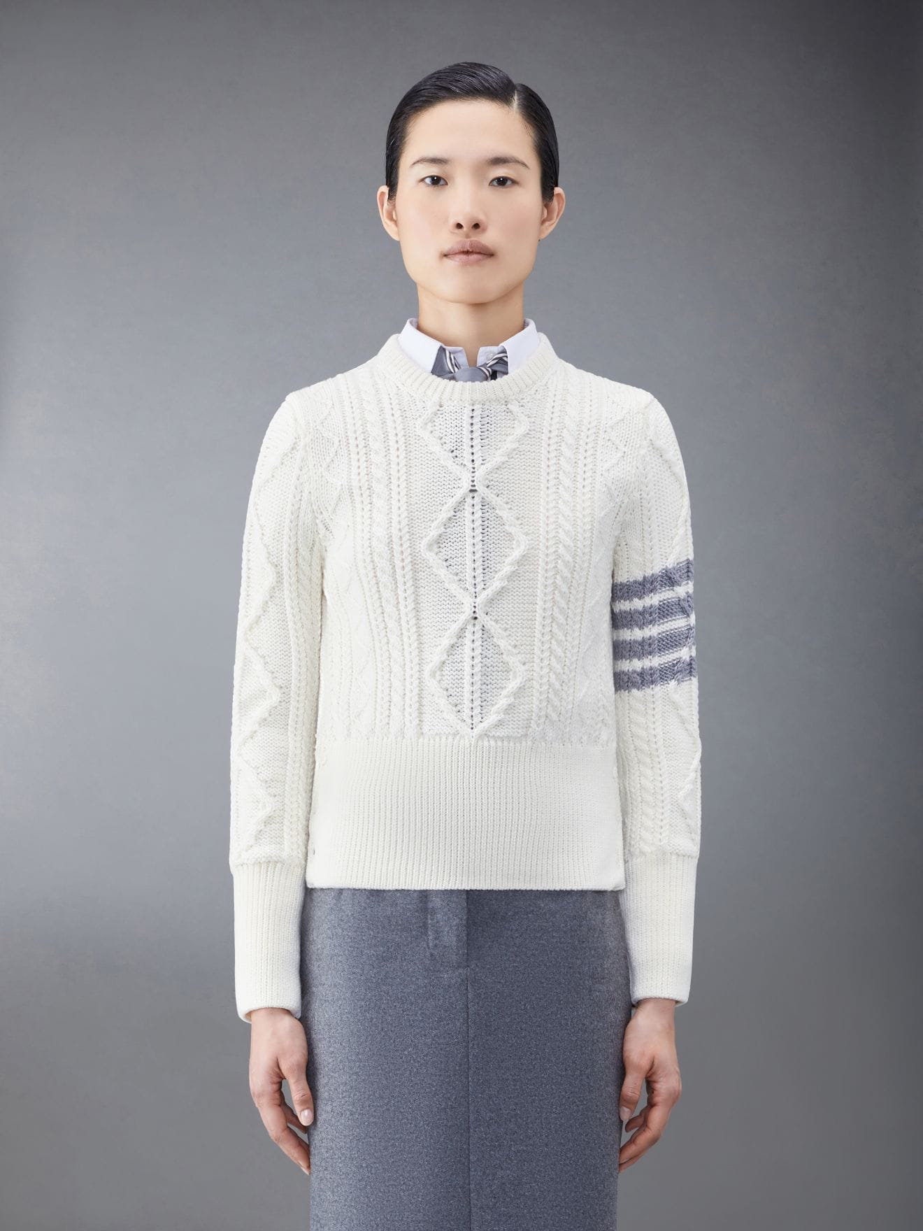 Aran Cable Merino 4-Bar Crew Neck Pullover | Thom Browne