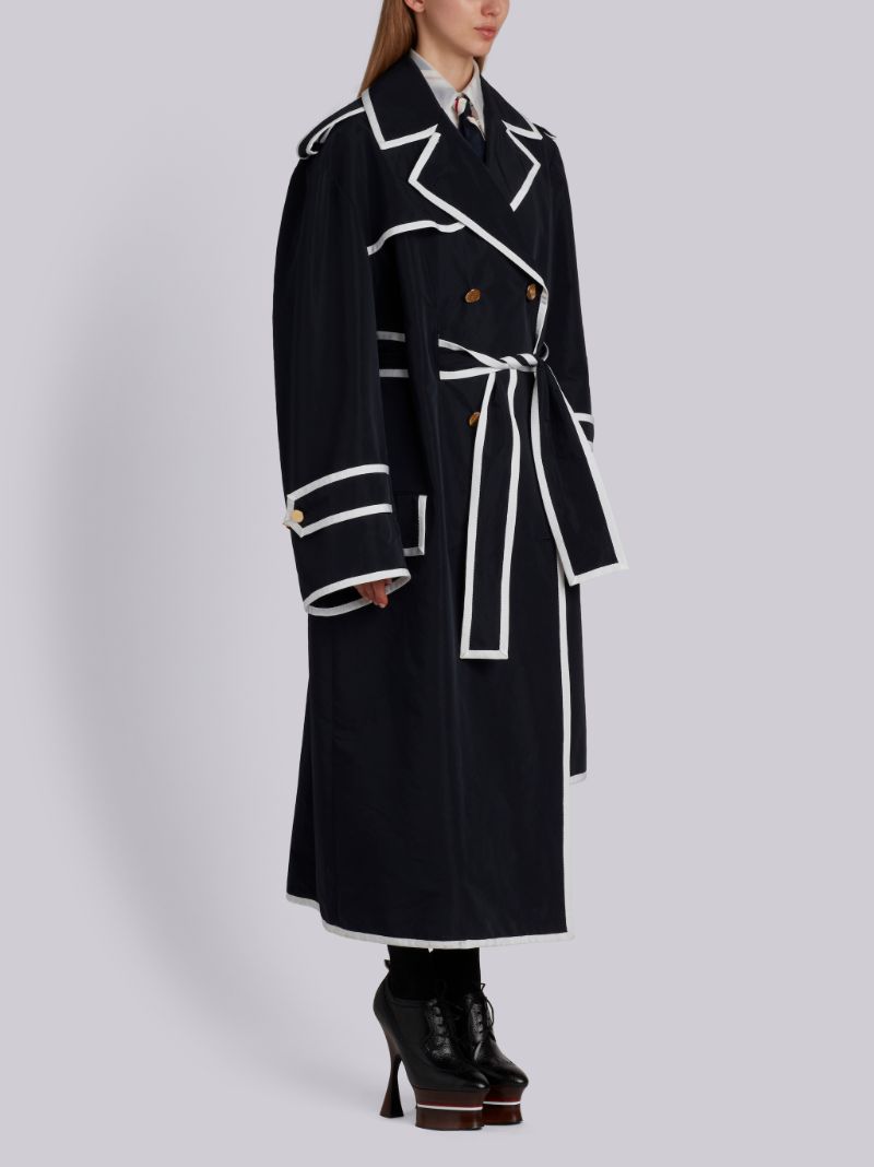 Asymmetrical Volume Trench Overcoat With Grosgrain Tipping In Memory Tech