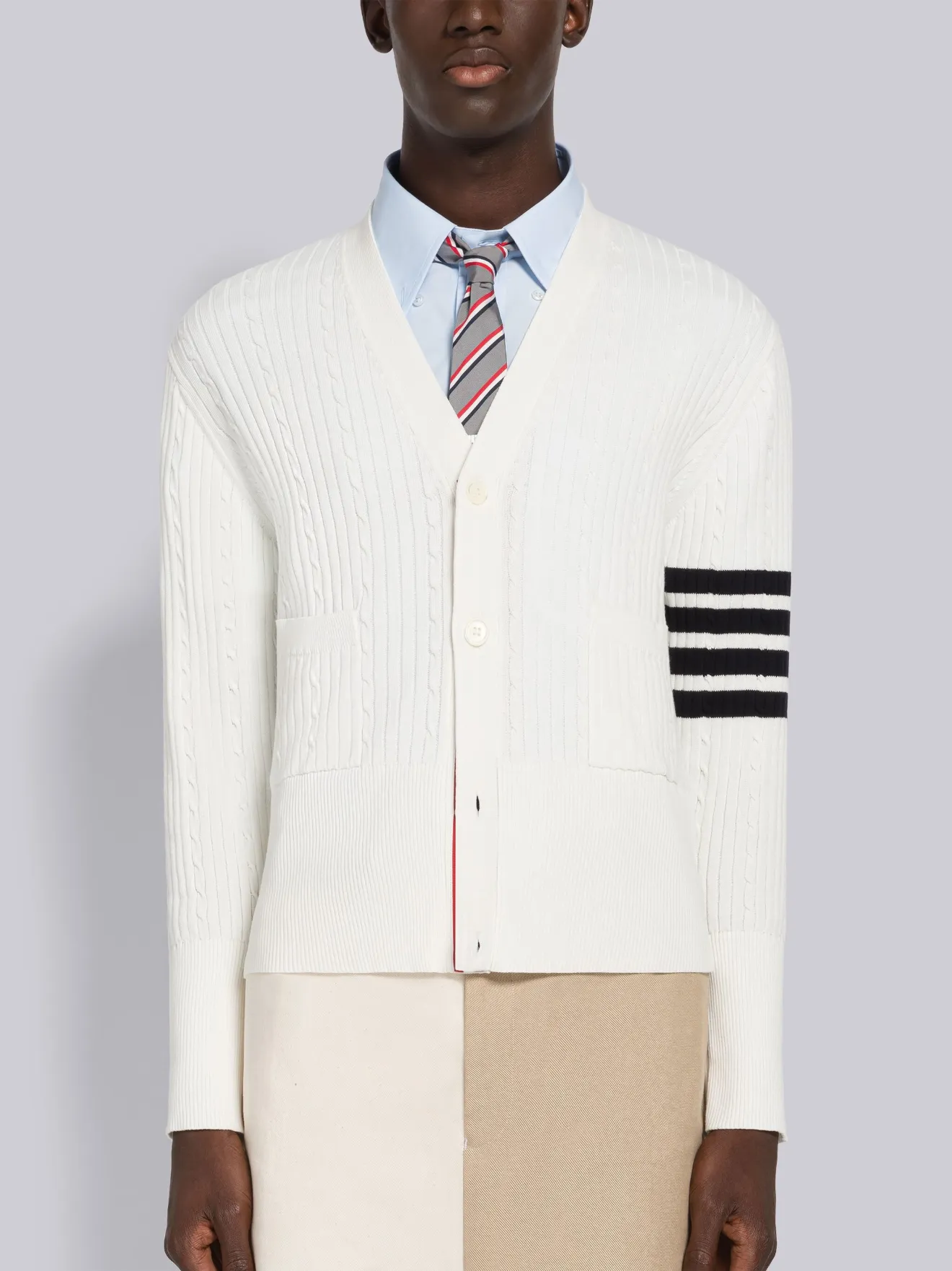 Baby Cable Rib Cotton 4-Bar V-Neck Cardigan | Thom Browne