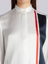 Band Collar Blouse With Repp Stripe Inserts In White Silk Charmeuse