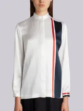 Band Collar Blouse With Repp Stripe Inserts In White Silk Charmeuse