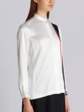Band Collar Blouse With Repp Stripe Inserts In White Silk Charmeuse