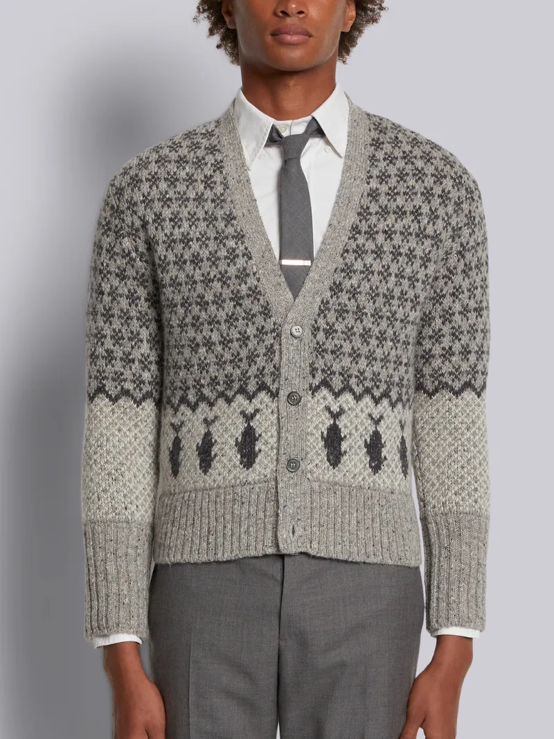 Bear Fair Isle Mohair Tweed Jacquard Oversized Fit V-Neck Cardigan