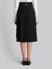 Below Knee Dropped Back Pleated Skirt In Navy Crepe Suiting