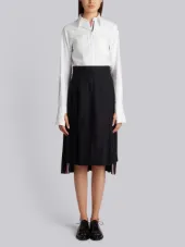 Below Knee Dropped Back Pleated Skirt In Navy Crepe Suiting