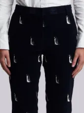 Beltloop Trouser With Penguin Embroidery In Navy Fine Wale Corduroy