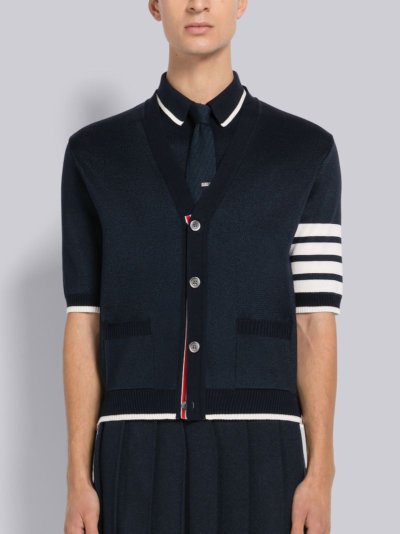 Birdseye Jacquard 4-Bar Short Sleeve V-Neck Cardigan