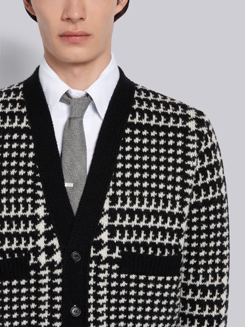 Black and White Prince of Wales Shetland Wool Jacquard V-neck Cardigan