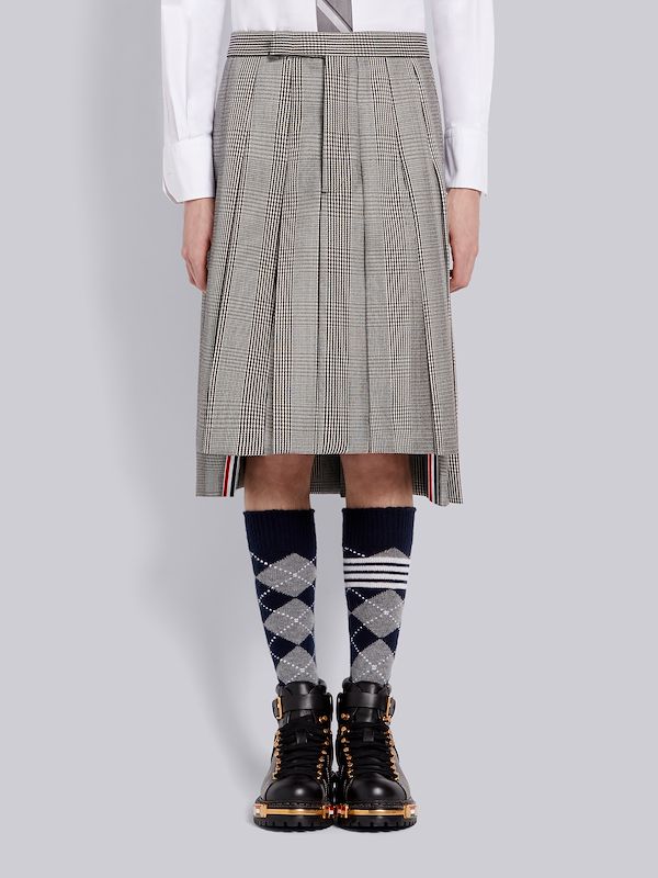 Black and White Prince Of Wales Wool Cavalry Twill Classic Knee Length Pleated Skirt