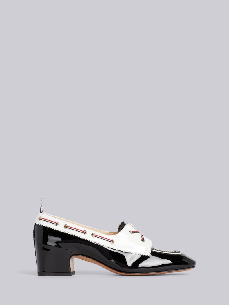 Black and White Soft Patent Leather 40mm Block Heel Boat Shoe