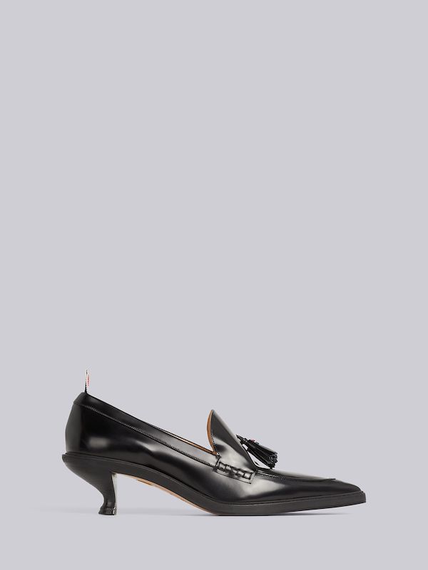 Black Calf Leather 50mm Curved Heel Tassel Loafer