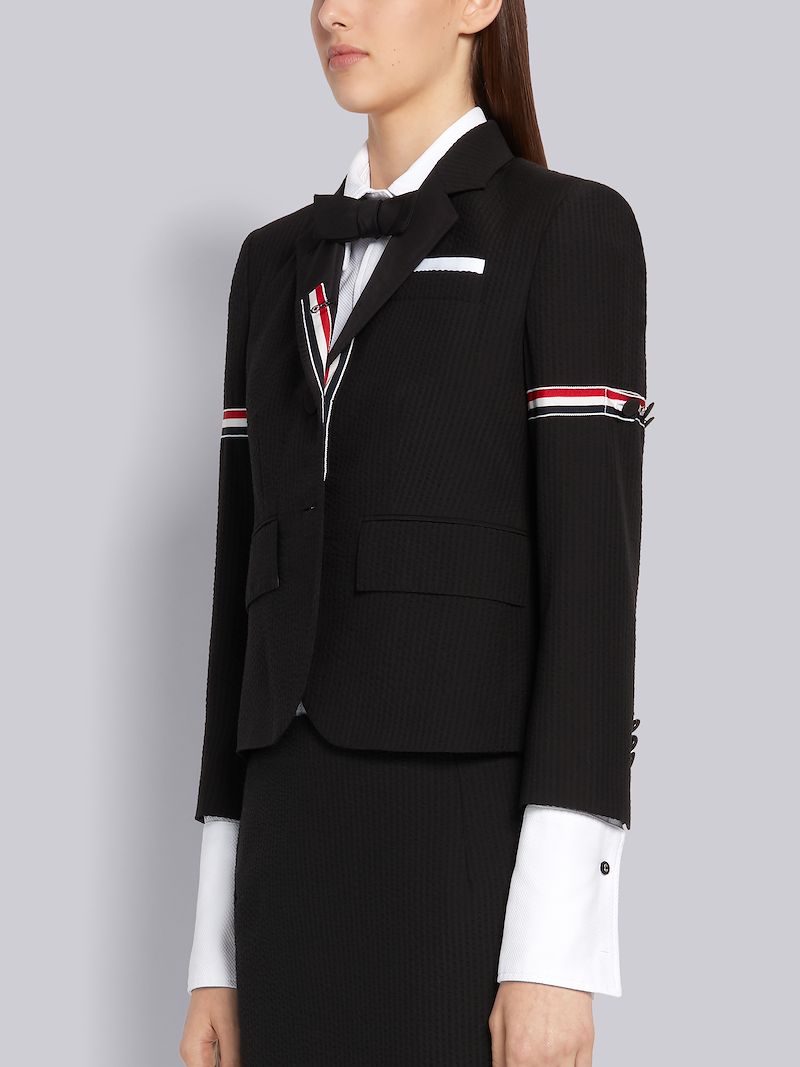 Black Cashmere Seersucker Grosgrain Armband High Armhole Jacket