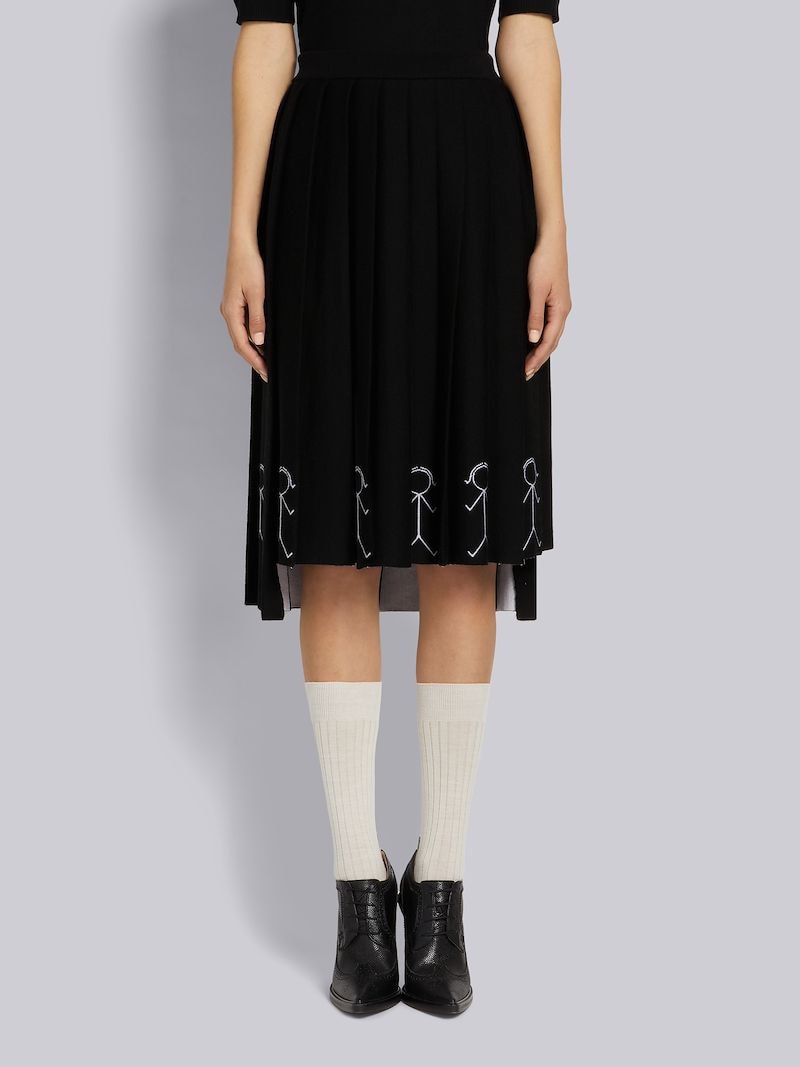 Black Fine Merino Wool Mrs. Thom Intarsia Below-the-Knee Pleated Skirt
