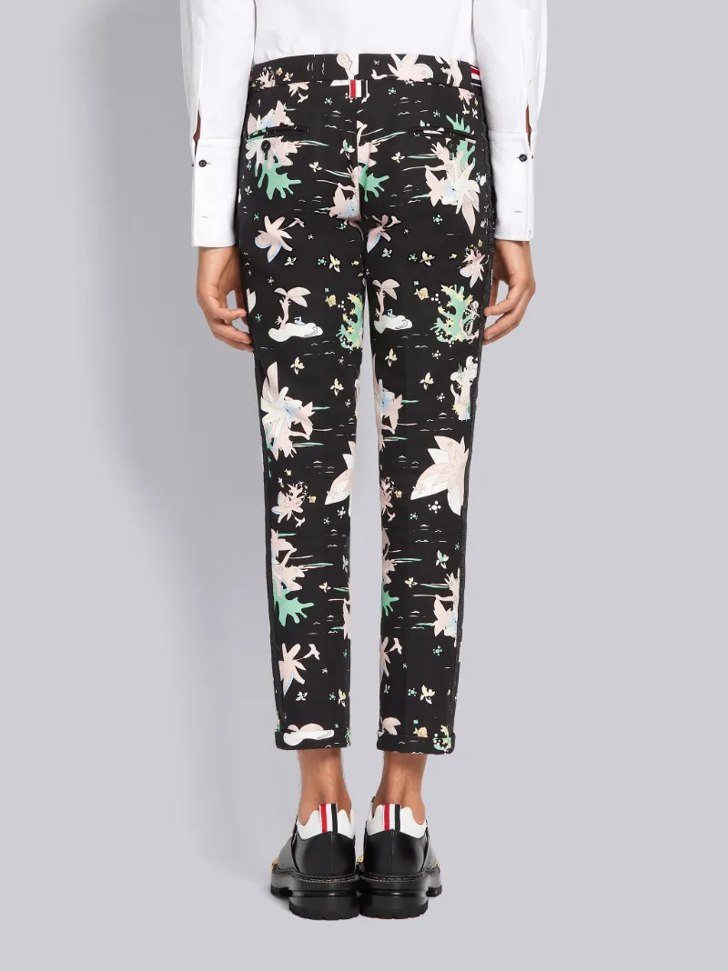 Black Hawaiian Scenic Print Cotton Canvas Grosgrain Tipped Low-rise Trouser