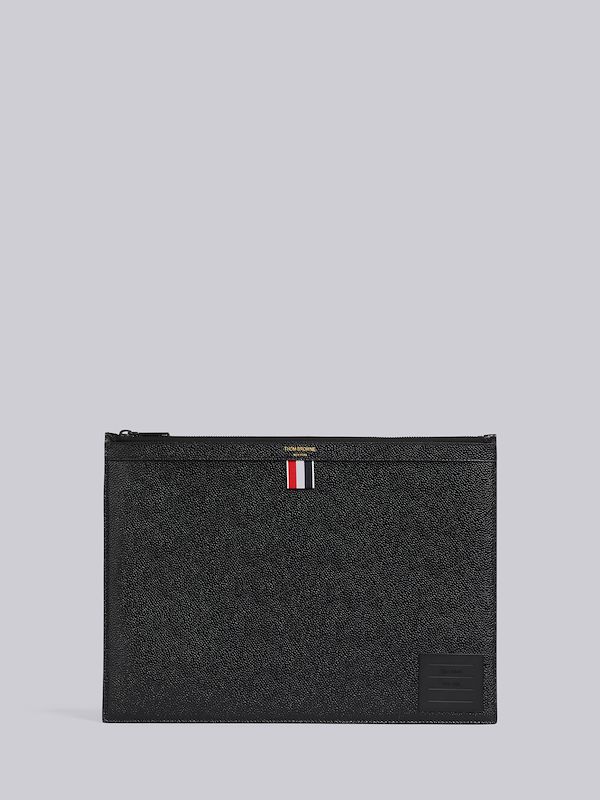 Black Pebble Grain Leather 4-Bar Brass Label Medium Zippered Document Holder