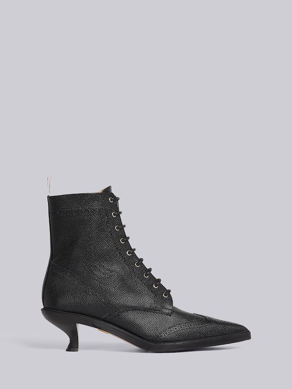 Black Pebble Grain Leather 50mm Curved Heel Lace-Up Wingtip Ankle Bootie