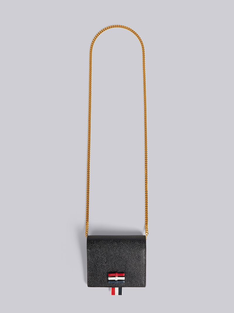 Black Pebble Grain Leather Bow Detail Card Holder With Chain Strap