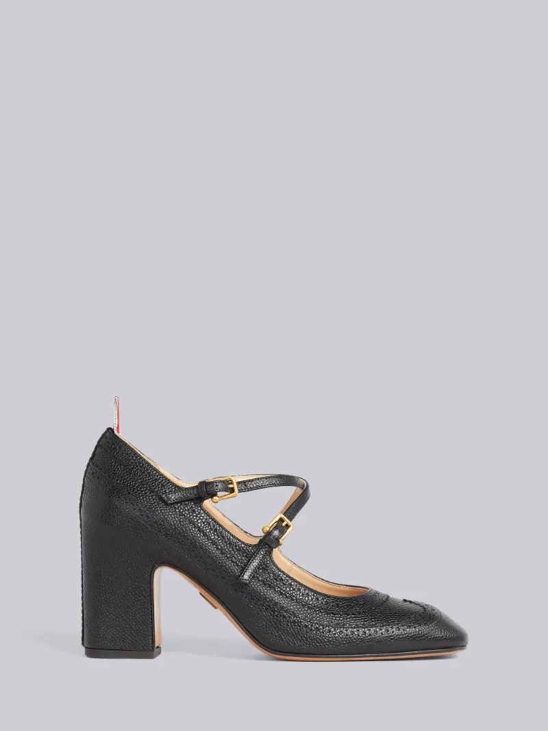 Black Pebble Grain Leather Brogued 75mm Block Heel Criss Cross Mary Jane