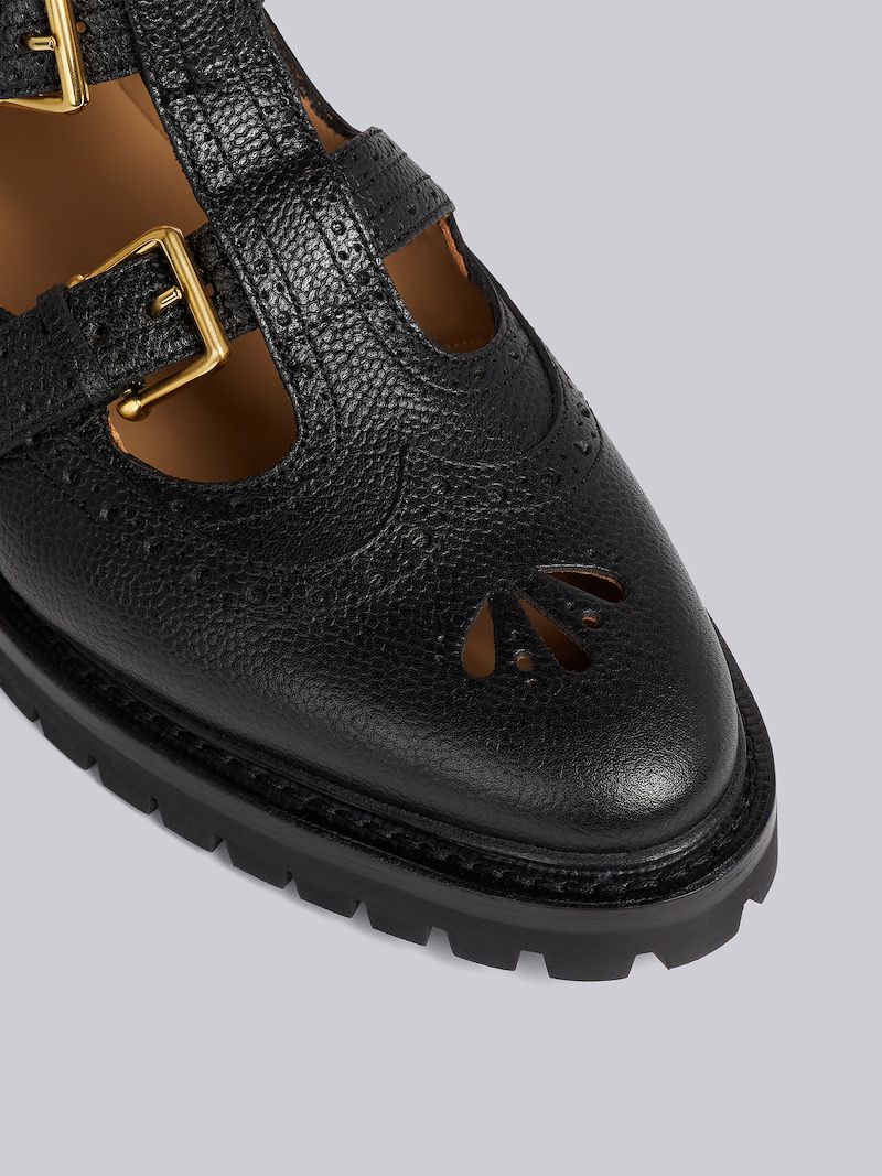 Black Pebble Grain Leather Commando Sole 2-strap Brass Buckle Thom John