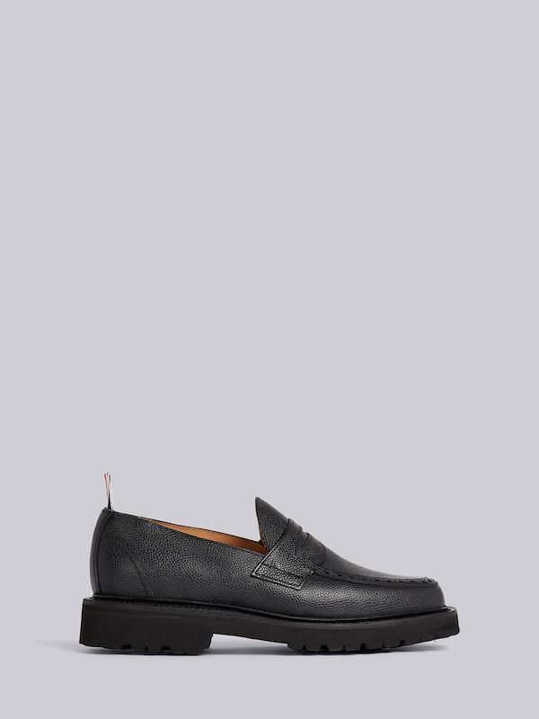 Black Pebble Grain Leather Commando Sole Penny Loafer
