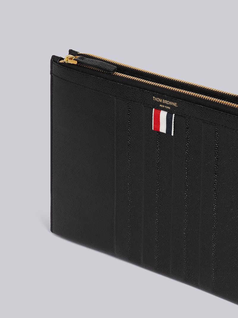 Black Pebble Grain Leather Debossed 4-Bar Crossbody Double Document Holder