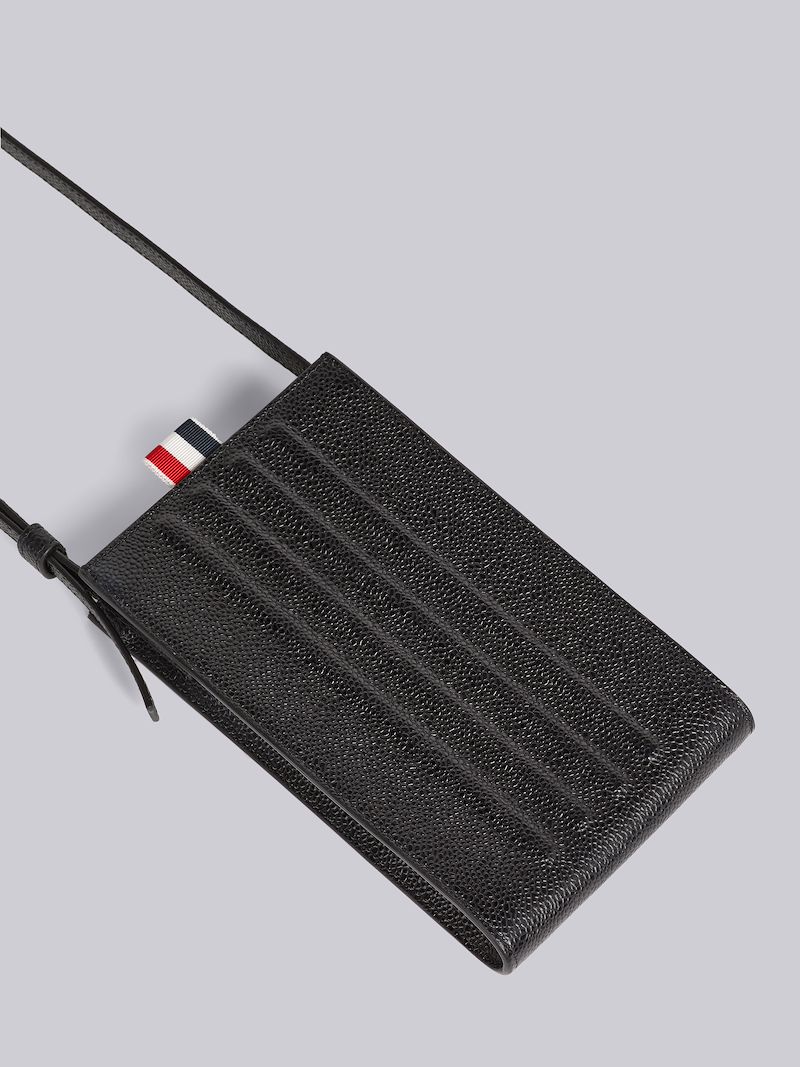 Black Pebble Grain Leather Debossed 4-Bar Crossbody Phone Holder