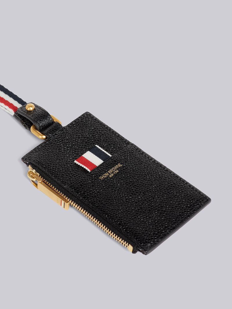 Black Pebble Grain Leather Debossed 4-Bar Stripe Lanyard Zippered Card Wallet
