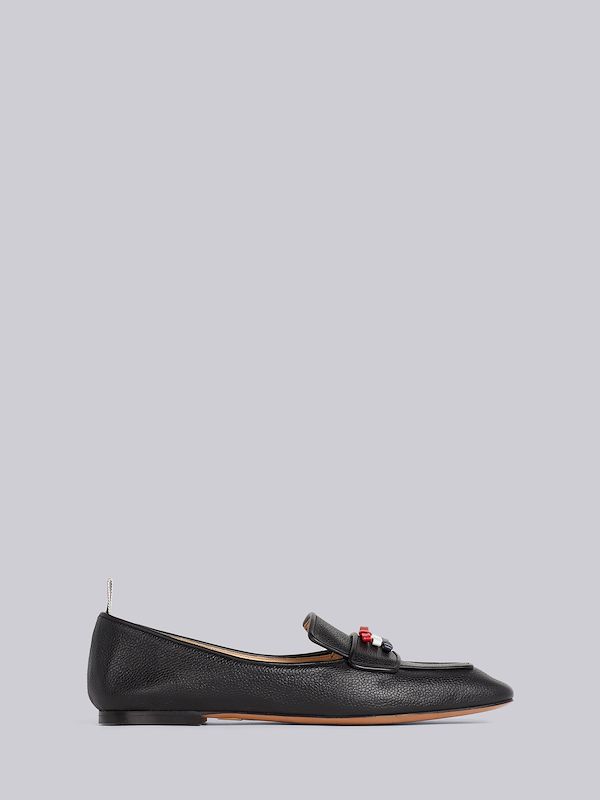 Black Pebble Grain Leather Flexible Leather Sole 3-Bow Loafer