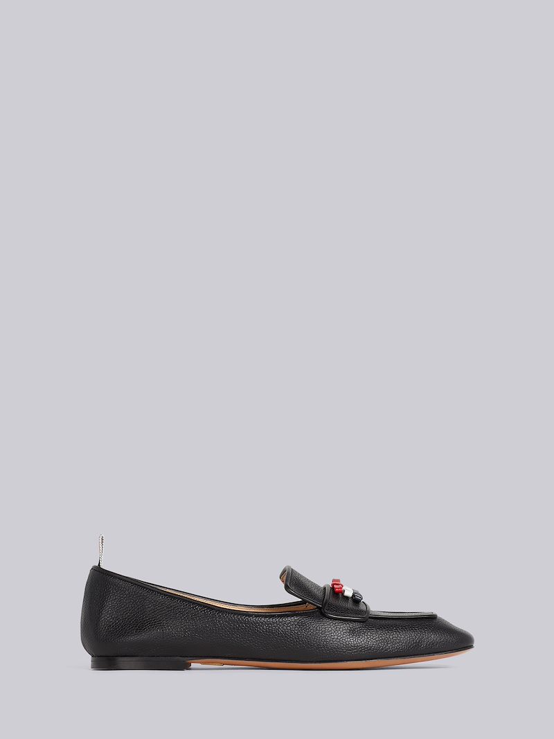 Black Pebble Grain Leather Flexible Leather Sole 3-Bow Loafer