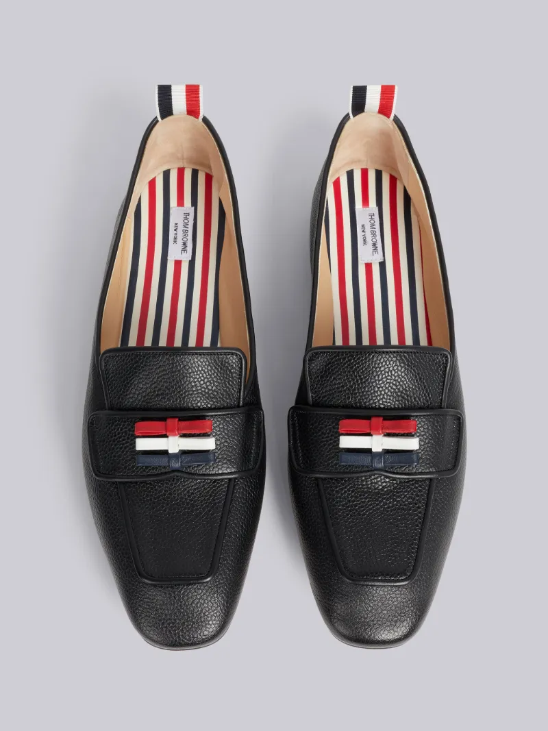 Black Pebble Grain Leather Flexible Leather Sole 3-Bow Loafer