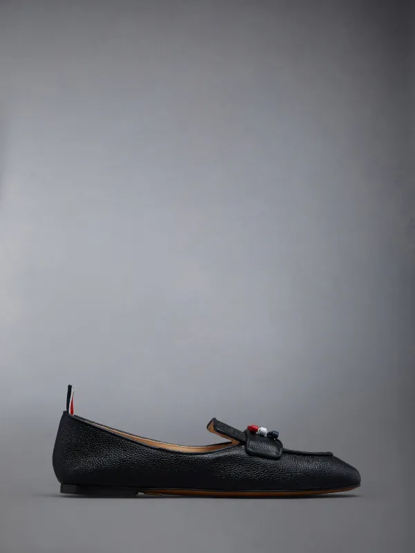 Black Pebble Grain Leather Flexible Leather Sole 3-Bow Loafer